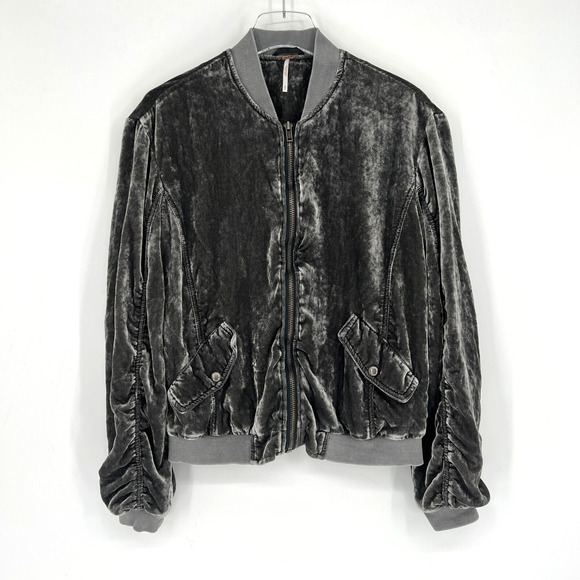 Free People Jacket Womens M Gray Crushed Velvet Bomber Ruched Boho - Picture 1 of 7